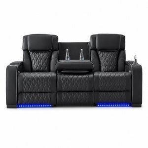 English Elm Black Faux Leather Home Theater Sofa with LED Underglow Cup Holders and Diamond Stitching B2766S00002