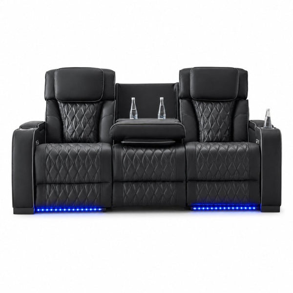 English Elm Black Faux Leather Home Theater Sofa with LED Underglow Cup Holders and Diamond Stitching B2766S00002