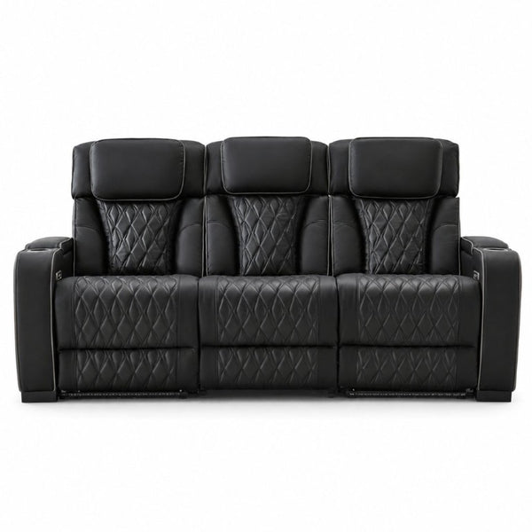 English Elm Black Faux Leather Home Theater Sofa with LED Underglow Cup Holders and Diamond Stitching B2766S00002