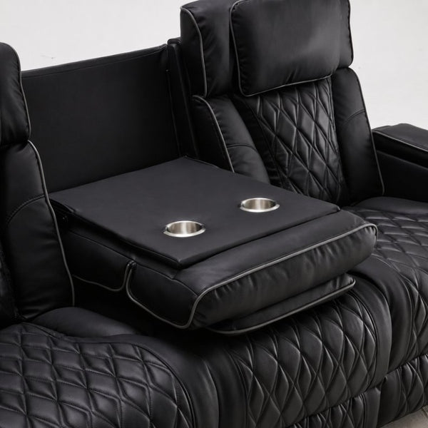 English Elm Black Faux Leather Home Theater Sofa with LED Underglow Cup Holders and Diamond Stitching B2766S00002