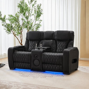 English Elm Pu Leather Power Reclining Loveseat with LED Lighting Bluetooth Console Storage B2766S00003