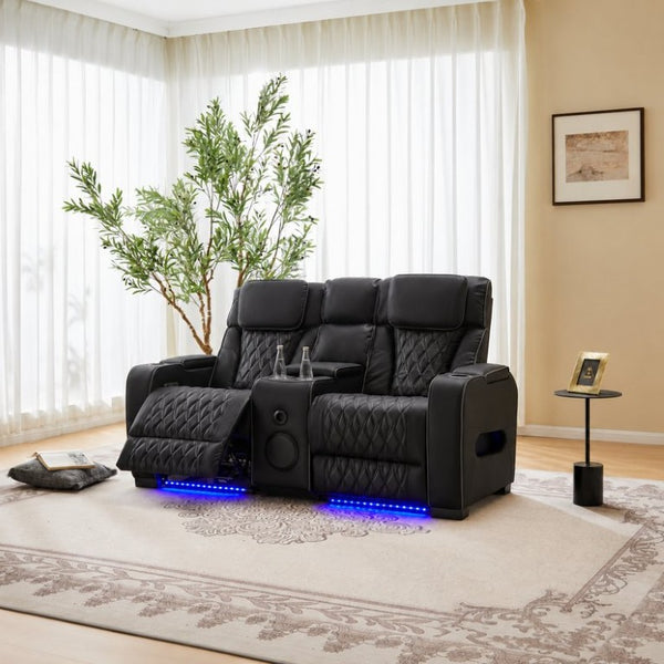 English Elm Pu Leather Power Reclining Loveseat with LED Lighting Bluetooth Console Storage B2766S00003