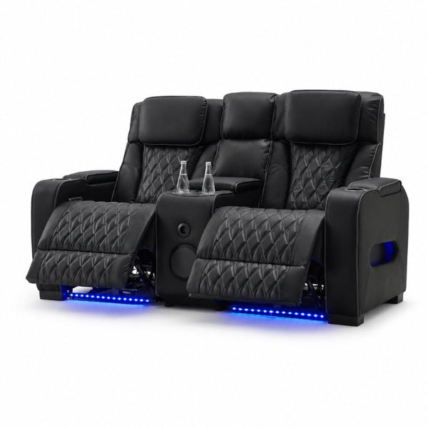 English Elm Pu Leather Power Reclining Loveseat with LED Lighting Bluetooth Console Storage B2766S00003