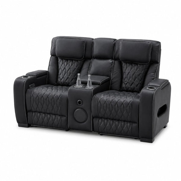 English Elm Pu Leather Power Reclining Loveseat with LED Lighting Bluetooth Console Storage B2766S00003