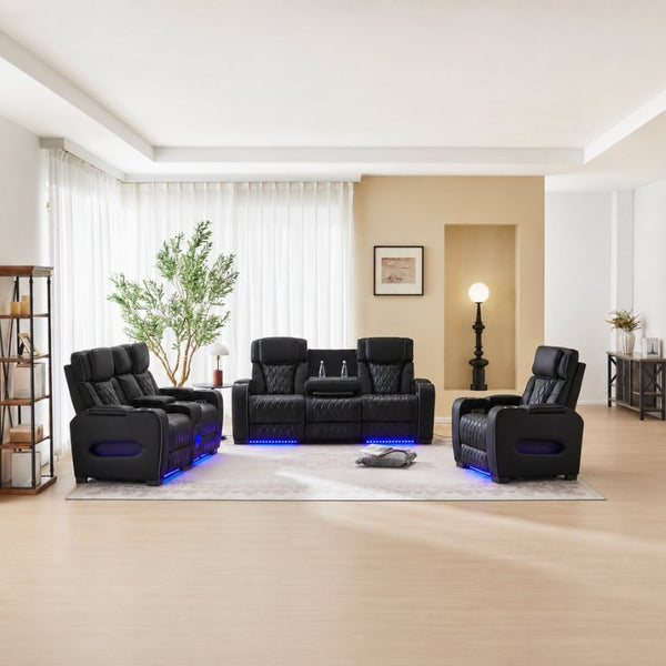 English Elm Pu Leather Reclining Sofa with LED Ambiance Diamond Quilting and Built in Cup Holders Black B2766S00005