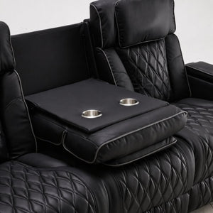 English Elm Pu Leather Reclining Sofa with LED Ambiance Diamond Quilting and Built in Cup Holders Black B2766S00005