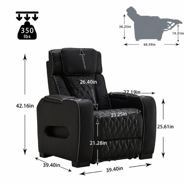 English Elm Pu Leather Reclining Sofa with LED Ambiance Diamond Quilting and Built in Cup Holders Black B2766S00005
