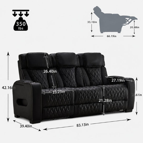English Elm Pu Leather Reclining Sofa with LED Ambiance Diamond Quilting and Built in Cup Holders Black B2766S00005