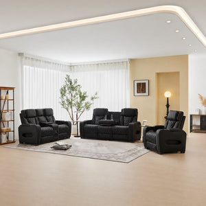 English Elm Pu Leather Reclining Sofa with LED Ambiance Diamond Quilting and Built in Cup Holders Black B2766S00005