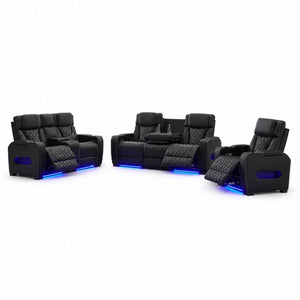 English Elm Pu Leather Reclining Sofa with LED Ambiance Diamond Quilting and Built in Cup Holders Black B2766S00005