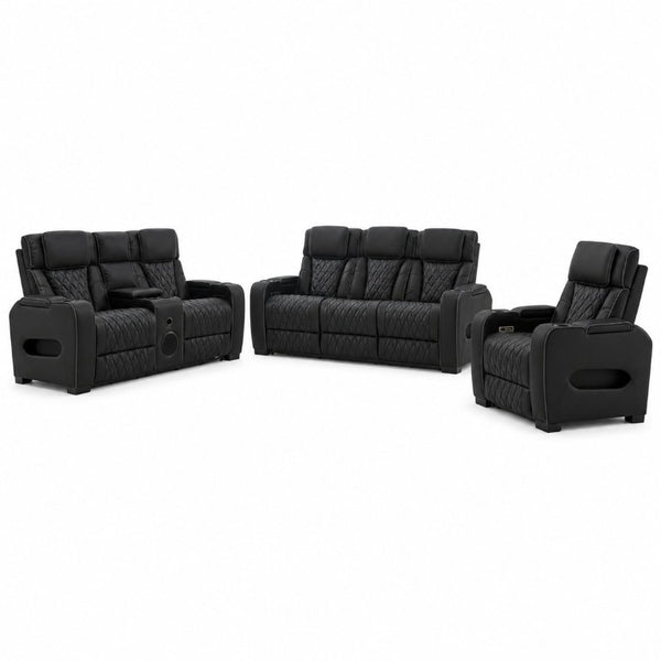 English Elm Pu Leather Reclining Sofa with LED Ambiance Diamond Quilting and Built in Cup Holders Black B2766S00005