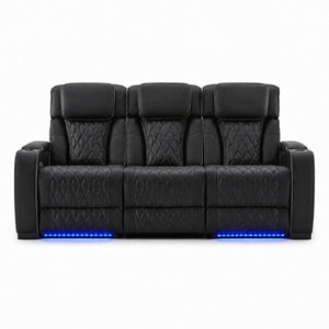 English Elm Pu Leather Reclining Sofa with LED Ambiance Diamond Quilting and Built in Cup Holders Black B2766S00005