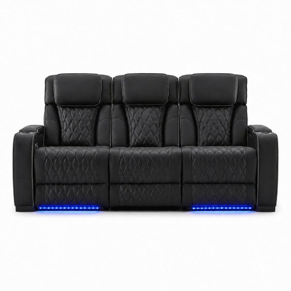 English Elm Pu Leather Reclining Sofa with LED Ambiance Diamond Quilting and Built in Cup Holders Black B2766S00005