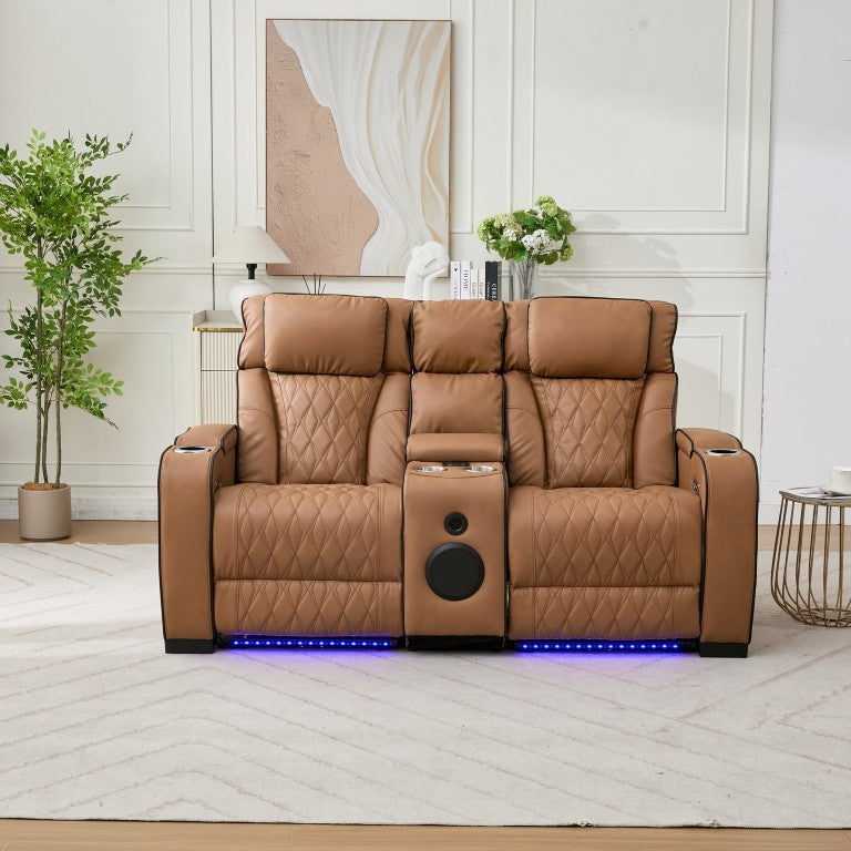 English Elm 2 Piece Faux Leather Recliner Sofa Set with Blue LED Ambient Lighting Bluetooth Audio Brown 72.89 inches Loveseat B2766S00006