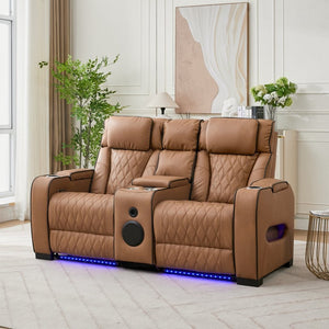 English Elm 2 Piece Faux Leather Recliner Sofa Set with Blue LED Ambient Lighting Bluetooth Audio Brown 72.89 inches Loveseat B2766S00006