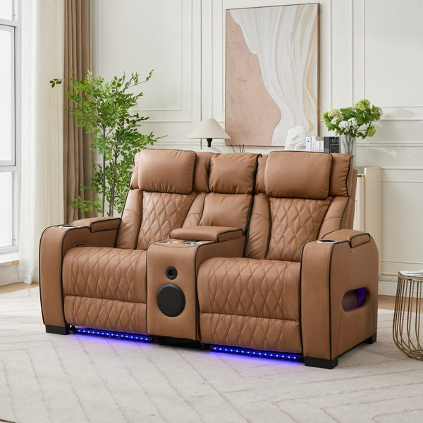 English Elm 2 Piece Faux Leather Recliner Sofa Set with Blue LED Ambient Lighting Bluetooth Audio Brown 72.89 inches Loveseat B2766S00006