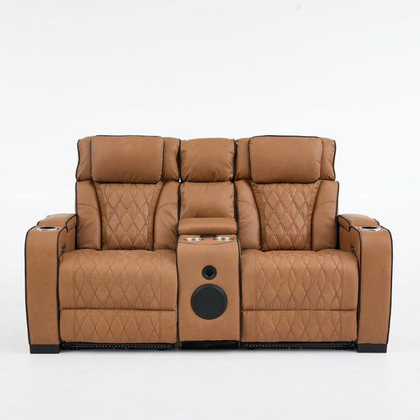 English Elm 2 Piece Faux Leather Recliner Sofa Set with Blue LED Ambient Lighting Bluetooth Audio Brown 72.89 inches Loveseat B2766S00006