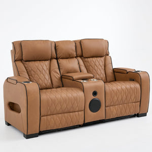 English Elm 2 Piece Faux Leather Recliner Sofa Set with Blue LED Ambient Lighting Bluetooth Audio Brown 72.89 inches Loveseat B2766S00006