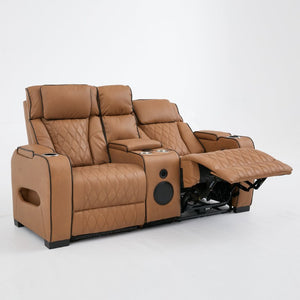 English Elm 2 Piece Faux Leather Recliner Sofa Set with Blue LED Ambient Lighting Bluetooth Audio Brown 72.89 inches Loveseat B2766S00006