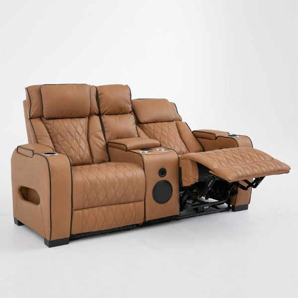 English Elm 2 Piece Faux Leather Recliner Sofa Set with Blue LED Ambient Lighting Bluetooth Audio Brown 72.89 inches Loveseat B2766S00006