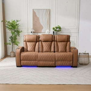 English Elm Pu Leather Reclining Sofa with LED Ambiance Diamond Quilting and Built in Cup Holders Brown B2766S00010