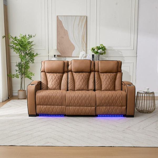 English Elm Pu Leather Reclining Sofa with LED Ambiance Diamond Quilting and Built in Cup Holders Brown B2766S00010