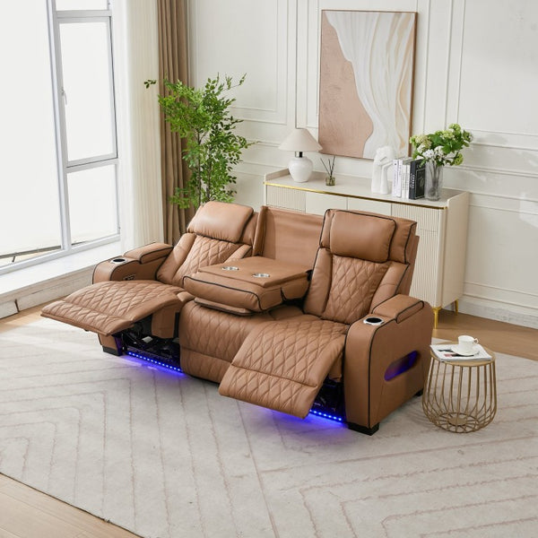 English Elm Pu Leather Reclining Sofa with LED Ambiance Diamond Quilting and Built in Cup Holders Brown B2766S00010