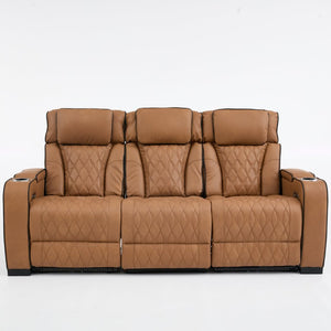 English Elm Pu Leather Reclining Sofa with LED Ambiance Diamond Quilting and Built in Cup Holders Brown B2766S00010