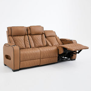 English Elm Pu Leather Reclining Sofa with LED Ambiance Diamond Quilting and Built in Cup Holders Brown B2766S00010