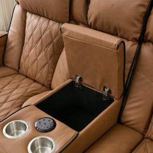 English Elm Pu Leather Reclining Sofa with LED Ambiance Diamond Quilting and Built in Cup Holders Brown B2766S00010