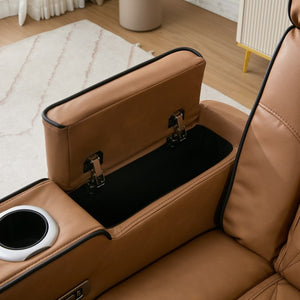 English Elm Pu Leather Reclining Sofa with LED Ambiance Diamond Quilting and Built in Cup Holders Brown B2766S00010