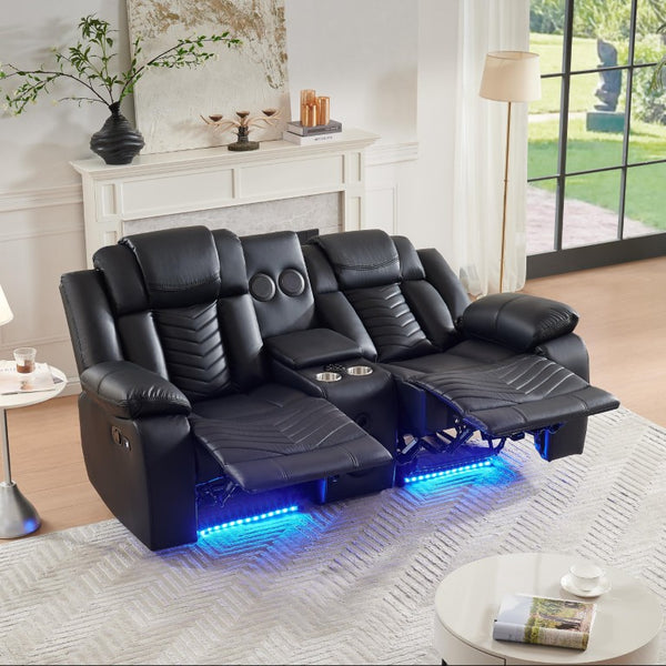 English Elm Black Faux Leather Power Reclining Loveseat with Bluetooth Speakers and LED Lighting B2766S00012