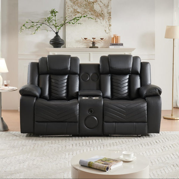 English Elm Black Faux Leather Power Reclining Loveseat with Bluetooth Speakers and LED Lighting B2766S00012