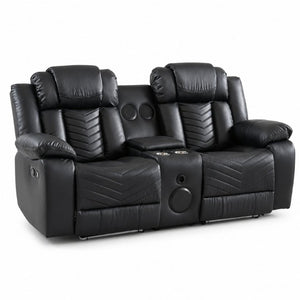 English Elm Black Faux Leather Power Reclining Loveseat with Bluetooth Speakers and LED Lighting B2766S00012