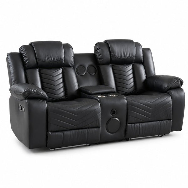 English Elm Black Faux Leather Power Reclining Loveseat with Bluetooth Speakers and LED Lighting B2766S00012