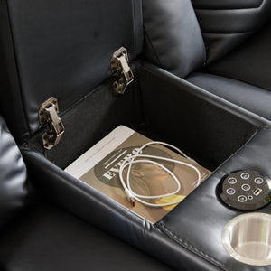 English Elm Black Faux Leather Power Reclining Loveseat with Bluetooth Speakers and LED Lighting B2766S00012