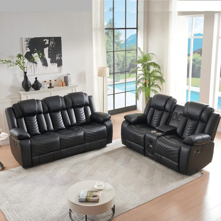 English Elm 2 Piece Faux Leather Reclining Sofa Set with LED Base Lighting and Bluetooth Speakers 2 Piece Power Recliner B2766S00014