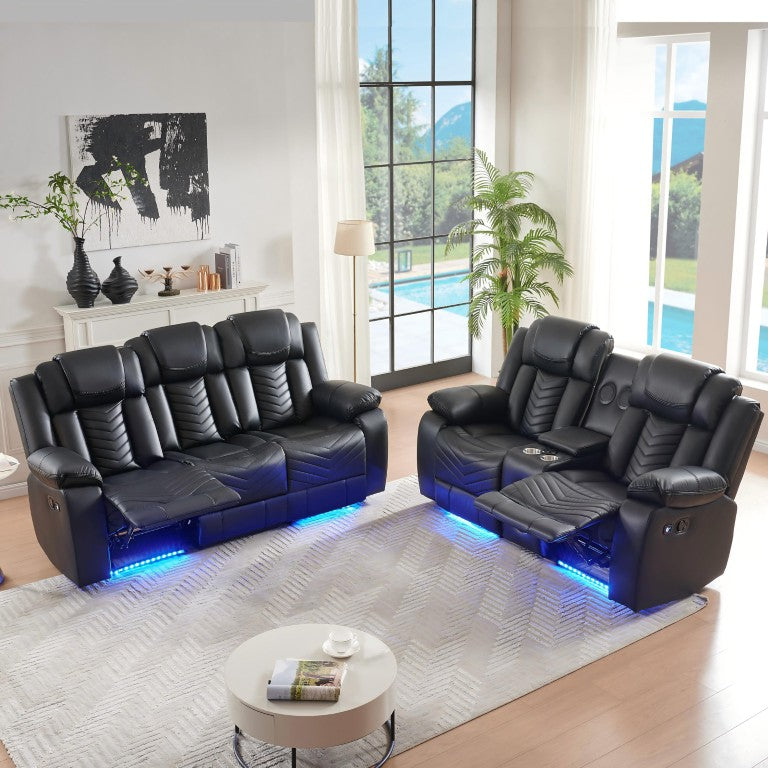 English Elm 2 Piece Faux Leather Reclining Sofa Set with LED Base Lighting and Bluetooth Speakers 2 Piece Power Recliner B2766S00014