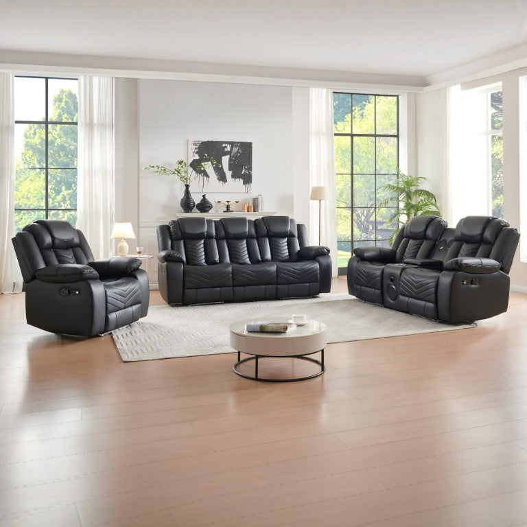 English Elm 3-Piece Faux Leather Power Reclining Sofa Set with LED Lighting for Home Theater B2766S00015