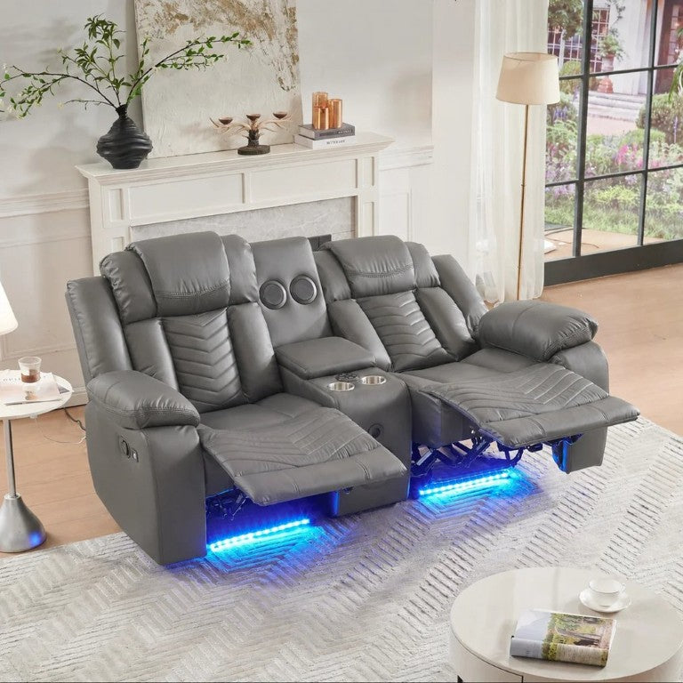 English Elm Gray Faux Leather Power Reclining Loveseat with Bluetooth Speakers and LED Lighting B2766S00016