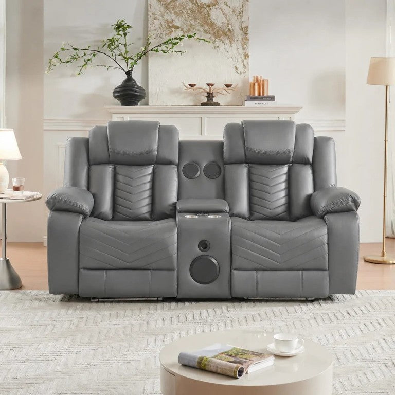 English Elm Gray Faux Leather Power Reclining Loveseat with Bluetooth Speakers and LED Lighting B2766S00016