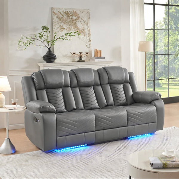 English Elm 2 Piece Faux Leather Recliner Sofa Set with Blue LED Ambient Lighting Bluetooth Audio Gray 88.26 inches 3-Seat Manual Recliner B2766S00017