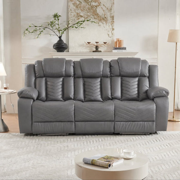 English Elm 2 Piece Faux Leather Recliner Sofa Set with Blue LED Ambient Lighting Bluetooth Audio Gray 88.26 inches 3-Seat Manual Recliner B2766S00017