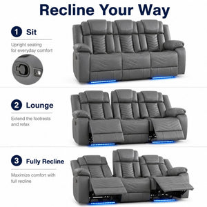 English Elm 2 Piece Faux Leather Recliner Sofa Set with Blue LED Ambient Lighting Bluetooth Audio Gray 88.26 inches 3-Seat Manual Recliner B2766S00017