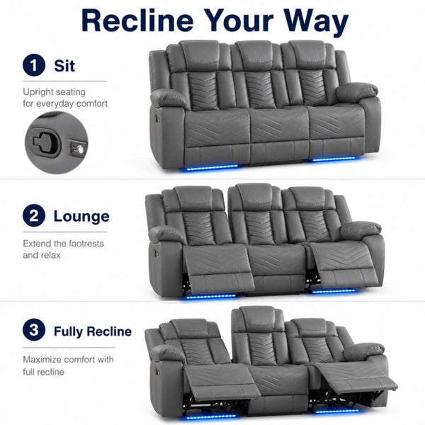 English Elm 2 Piece Faux Leather Recliner Sofa Set with Blue LED Ambient Lighting Bluetooth Audio Gray 88.26 inches 3-Seat Manual Recliner B2766S00017