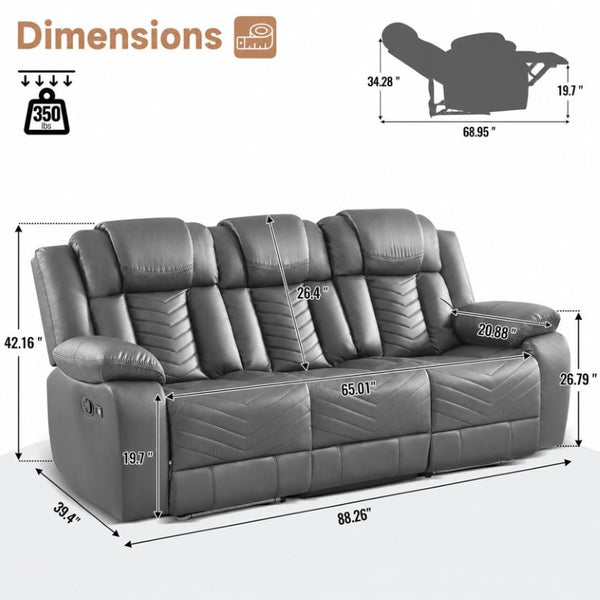 English Elm 2 Piece Faux Leather Recliner Sofa Set with Blue LED Ambient Lighting Bluetooth Audio Gray 88.26 inches 3-Seat Manual Recliner B2766S00017