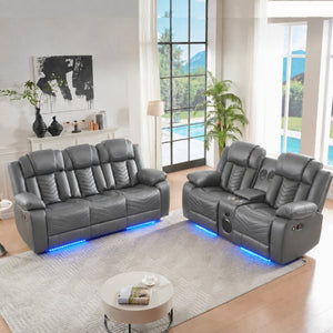 English Elm 2 Piece Faux Leather Recliner Sofa Set with Blue LED Ambient Lighting Bluetooth Audio Gray 88.26 inches 2-Piece Power Recliner Set B2766S00018