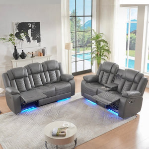 English Elm 2 Piece Faux Leather Recliner Sofa Set with Blue LED Ambient Lighting Bluetooth Audio Gray 88.26 inches 2-Piece Power Recliner Set B2766S00018