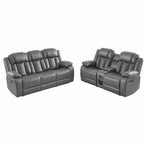 English Elm 2 Piece Faux Leather Recliner Sofa Set with Blue LED Ambient Lighting Bluetooth Audio Gray 88.26 inches 2-Piece Power Recliner Set B2766S00018