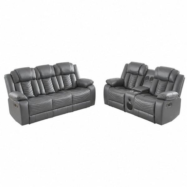 English Elm 2 Piece Faux Leather Recliner Sofa Set with Blue LED Ambient Lighting Bluetooth Audio Gray 88.26 inches 2-Piece Power Recliner Set B2766S00018
